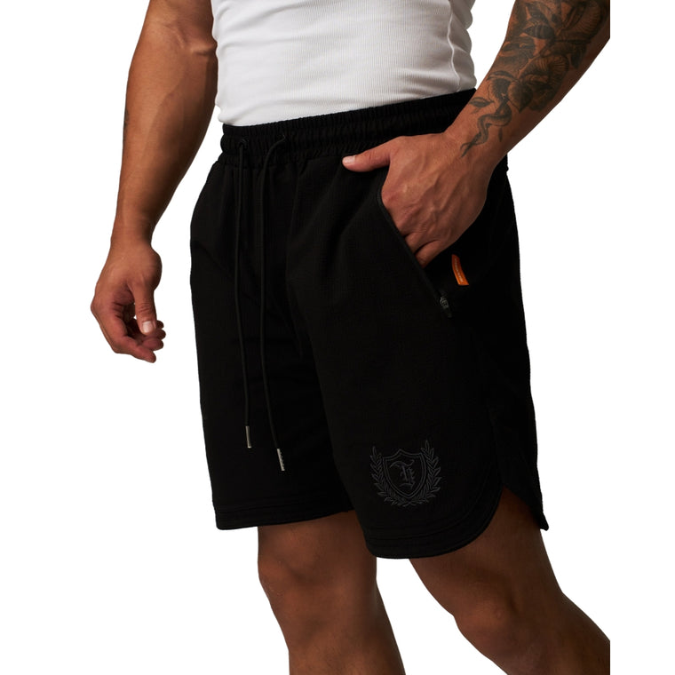 TEAMJOINED BADGE SIDE SLIT STRETCH SHORTS-BLACK