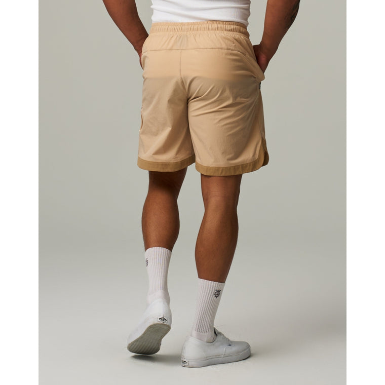 TEAMJOINED FINE LOGO SIDE SLIT STRETCH SHORTS-LIGHT KHAKI