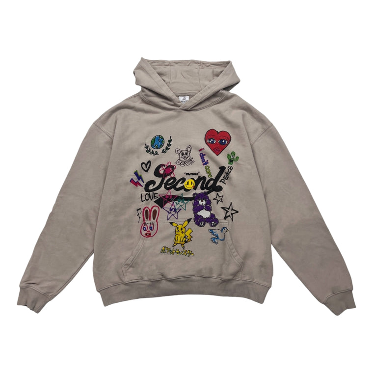 2ND CLOSET HAND DRAWINGS PRINTED WASHED HOODIES-WASHED BEIGE