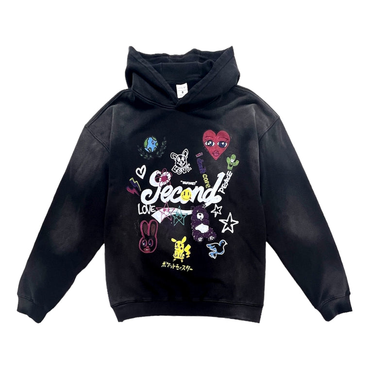 2ND CLOSET HAND DRAWINGS PRINTED WASHED HOODIES-WASHED BLACK