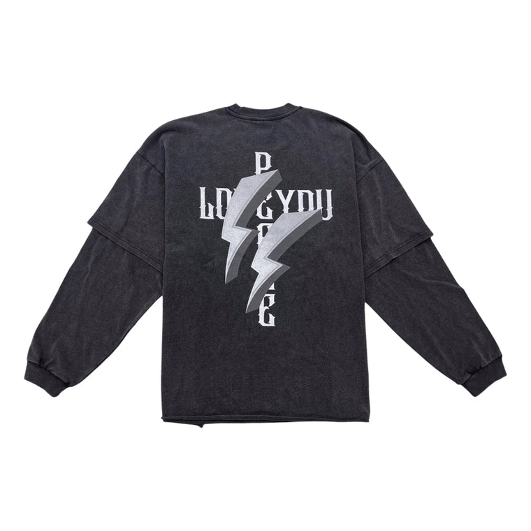 2ND CLOSET LOVE YOU, PEACEDOUBLE LAYERS WASHED L/S T-SHIRT-WASHED BLACK