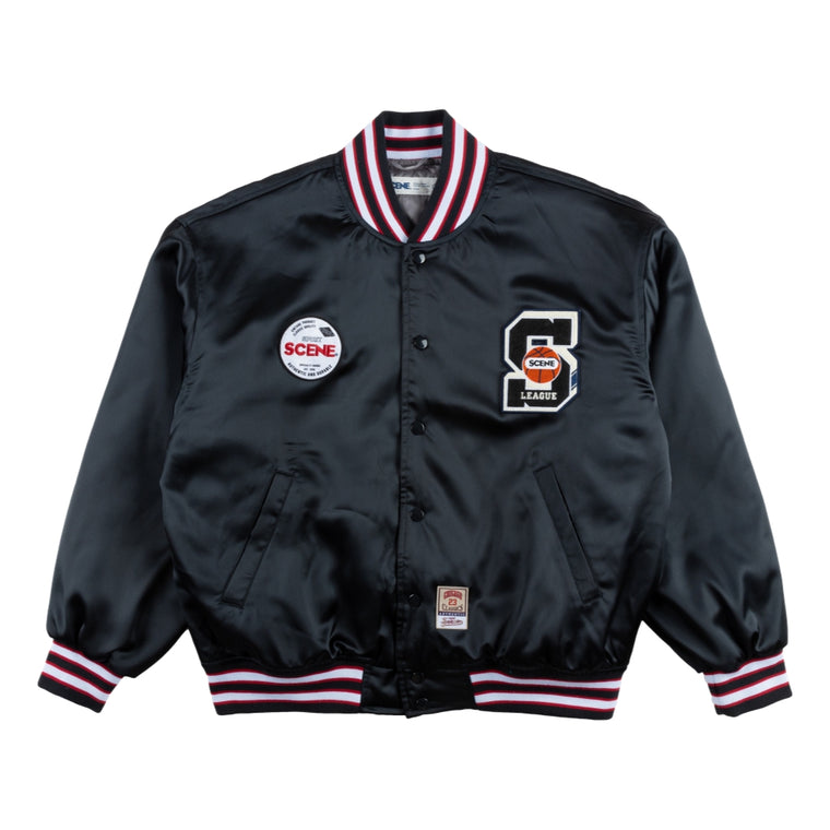 SCENE BY ICE FIRE SATIN VARSITY JACKET-BLACK RED