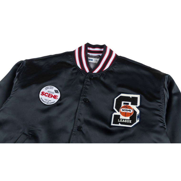 SCENE BY ICE FIRE SATIN VARSITY JACKET-BLACK RED