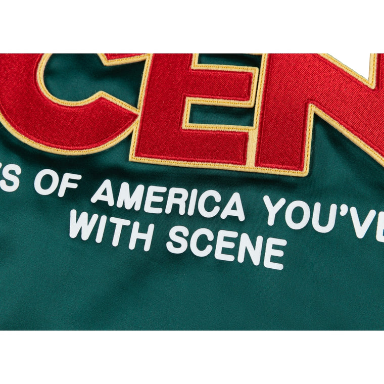 SCENE BY ICE FIRE SATIN VARSITY JACKET-DARK GREEN