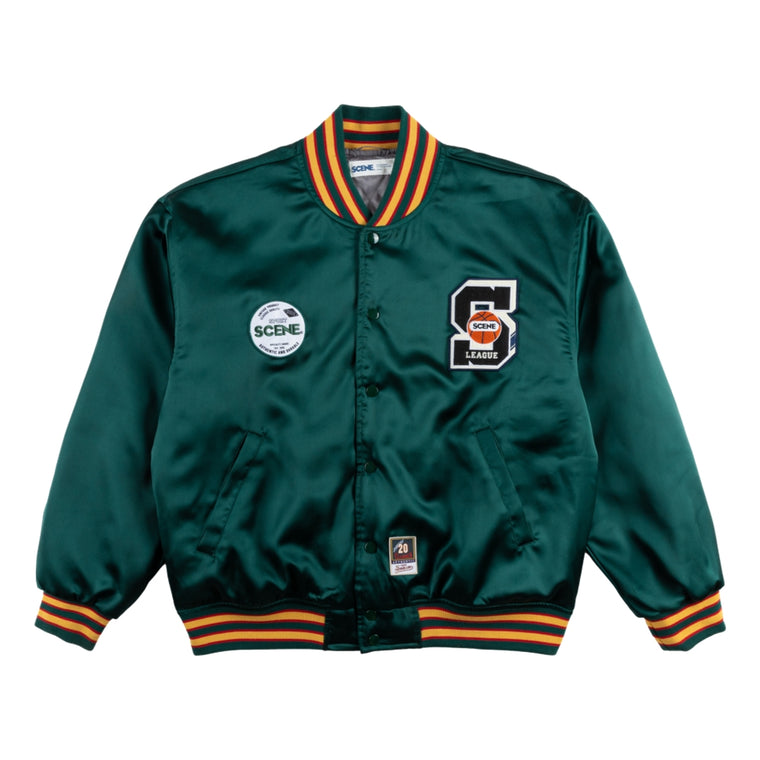 SCENE BY ICE FIRE SATIN VARSITY JACKET-DARK GREEN