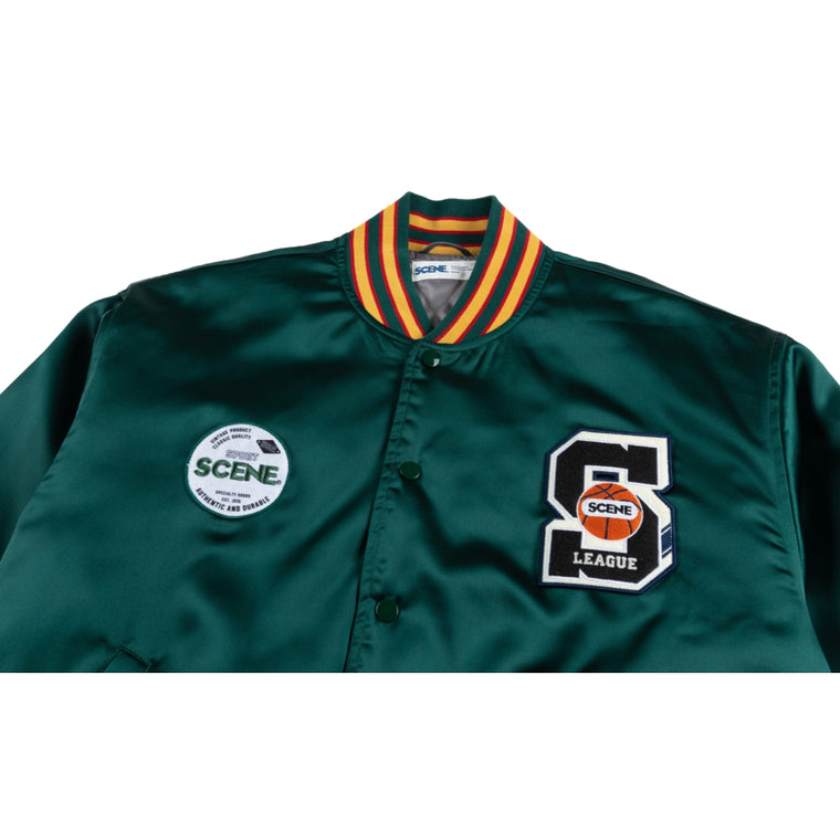 SCENE BY ICE FIRE SATIN VARSITY JACKET-DARK GREEN