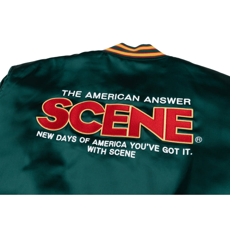 SCENE BY ICE FIRE SATIN VARSITY JACKET-DARK GREEN