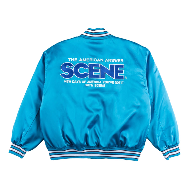 SCENE BY ICE FIRE SATIN VARSITY JACKET-TEAL