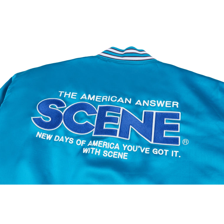 SCENE BY ICE FIRE SATIN VARSITY JACKET-TEAL