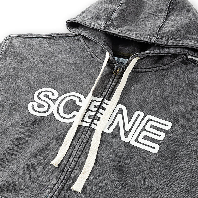 SCENE BY ICE FIRE WASHED ZIP UP HOODIE-GREY