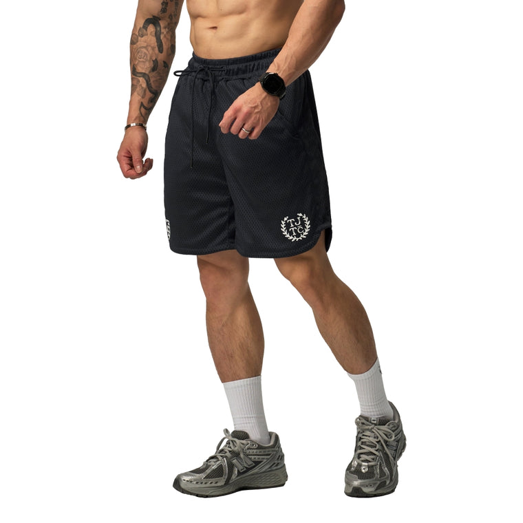 TEAMJOINED TJTC™ FLOCK BADGE D-MESH V2 SHORTS-BLACK