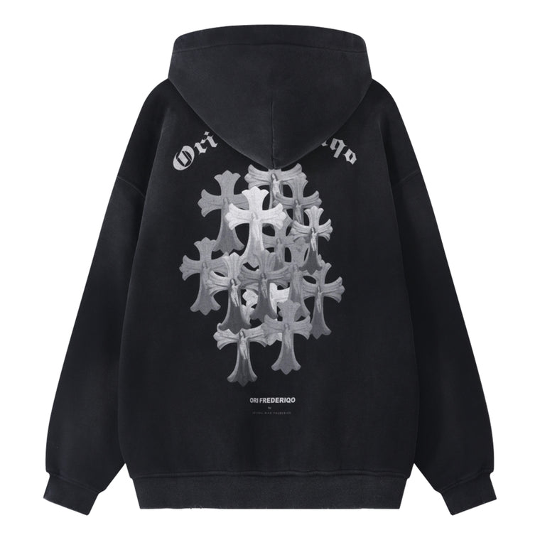 ORI FREDERIQO WASHED VELVET PRINTED ZIP UP HOODED SWEATSHIRT-BLACK