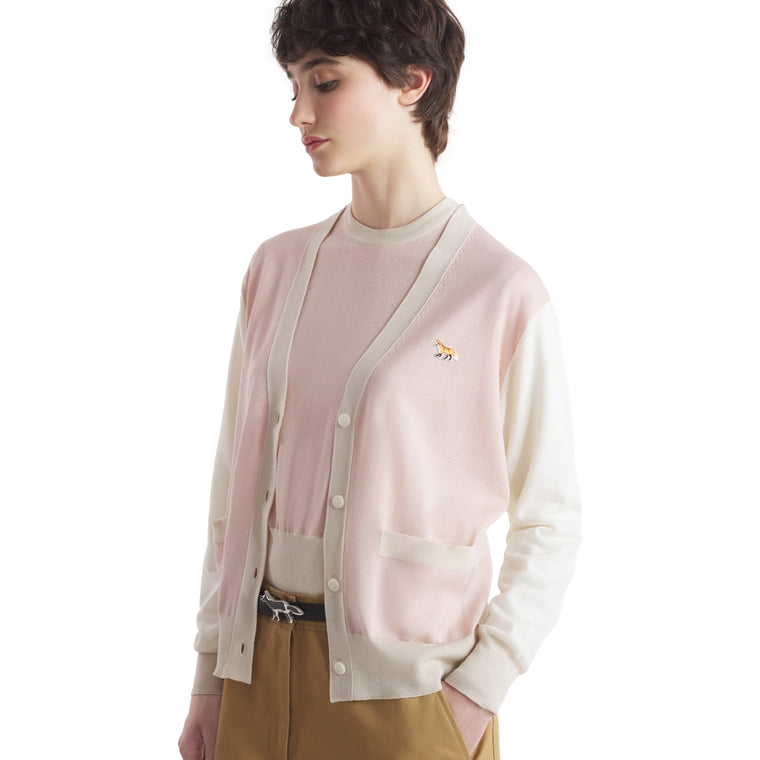 MAISON KITSUNE W BABY FOX PATCH COLOR BLOCK CARDIGAN-ROSE