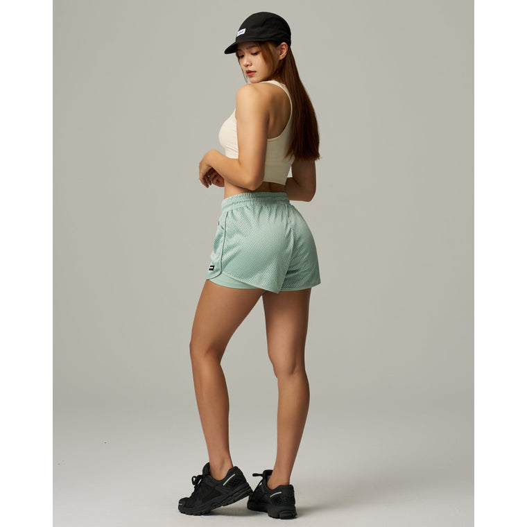 TEAMJOINED W D-MESH HIGH-WAIST SPORTY SHORTS-TEAL BLUE