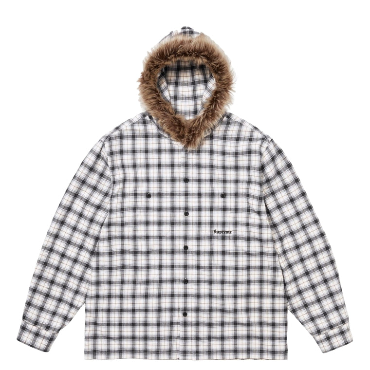 SUPREME FUR TRIM FLANNEL HOODED SHIRT-WHITE